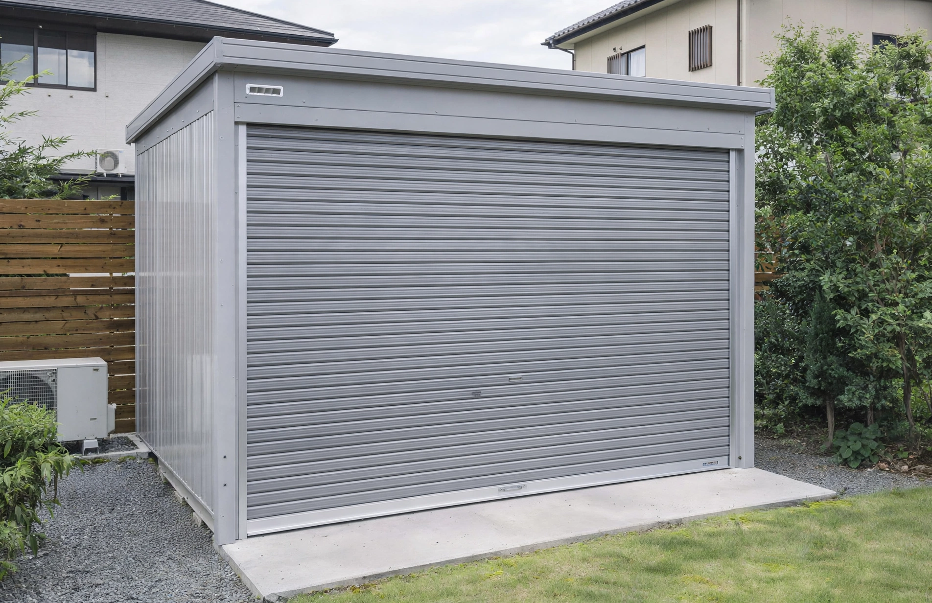 グレーのスチール製メーカー既製品倉庫のイメージ画像(ロールシャッター付き・住宅脇に設置)
